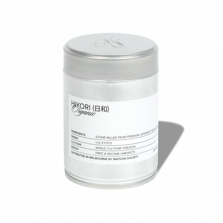 Matcha Society Hiyori Organic Matcha in silver tin