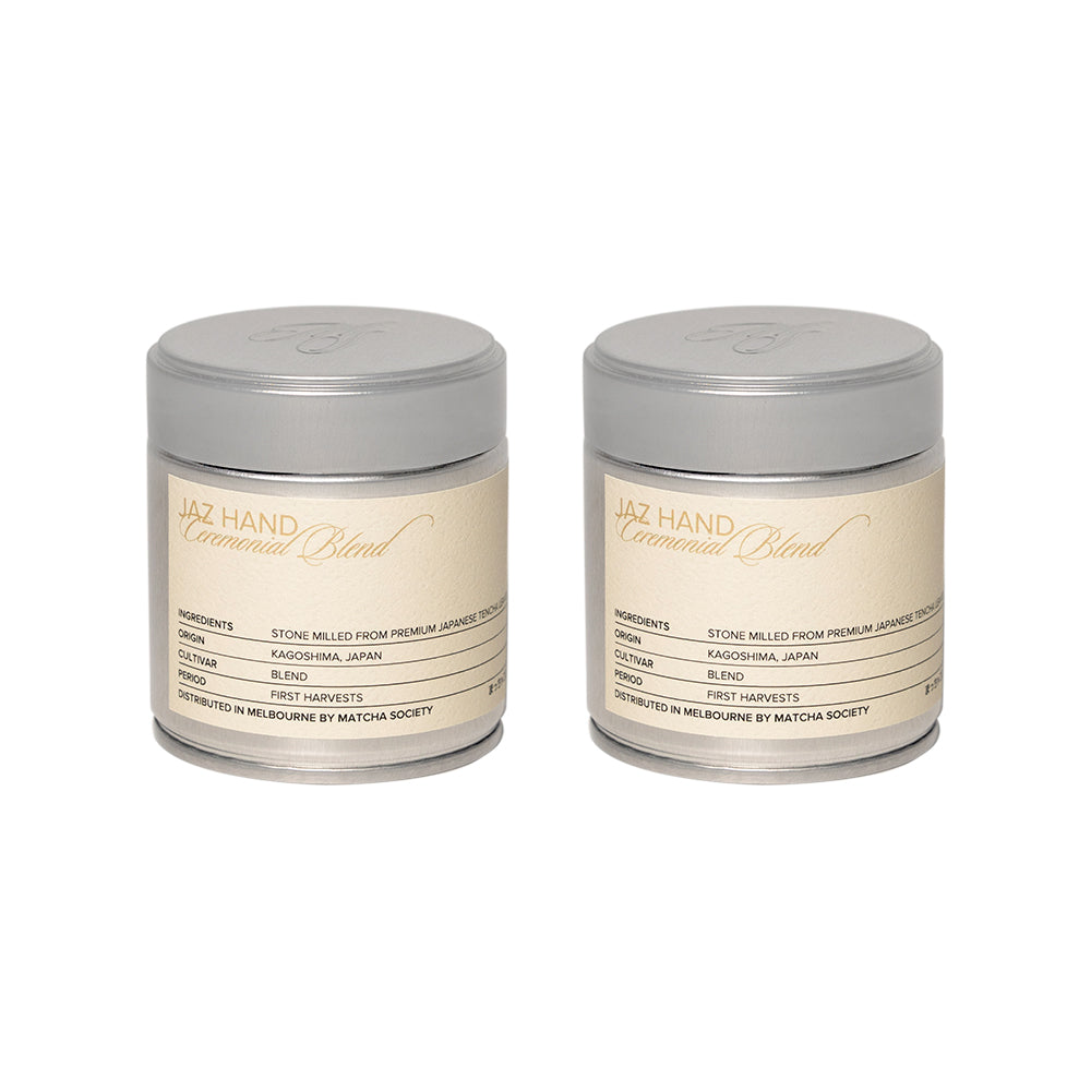 Two silver tins labeled 'Jaz Hand Ceremonial Blend' on a white background