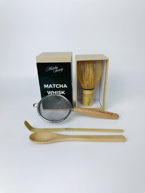 Matcha Tools and Utencils to prepare Matcha Latte. Bamboo Whisk, Bamboo Scoop, Bamboo Spoon and Wooden Stainless Sieve. 