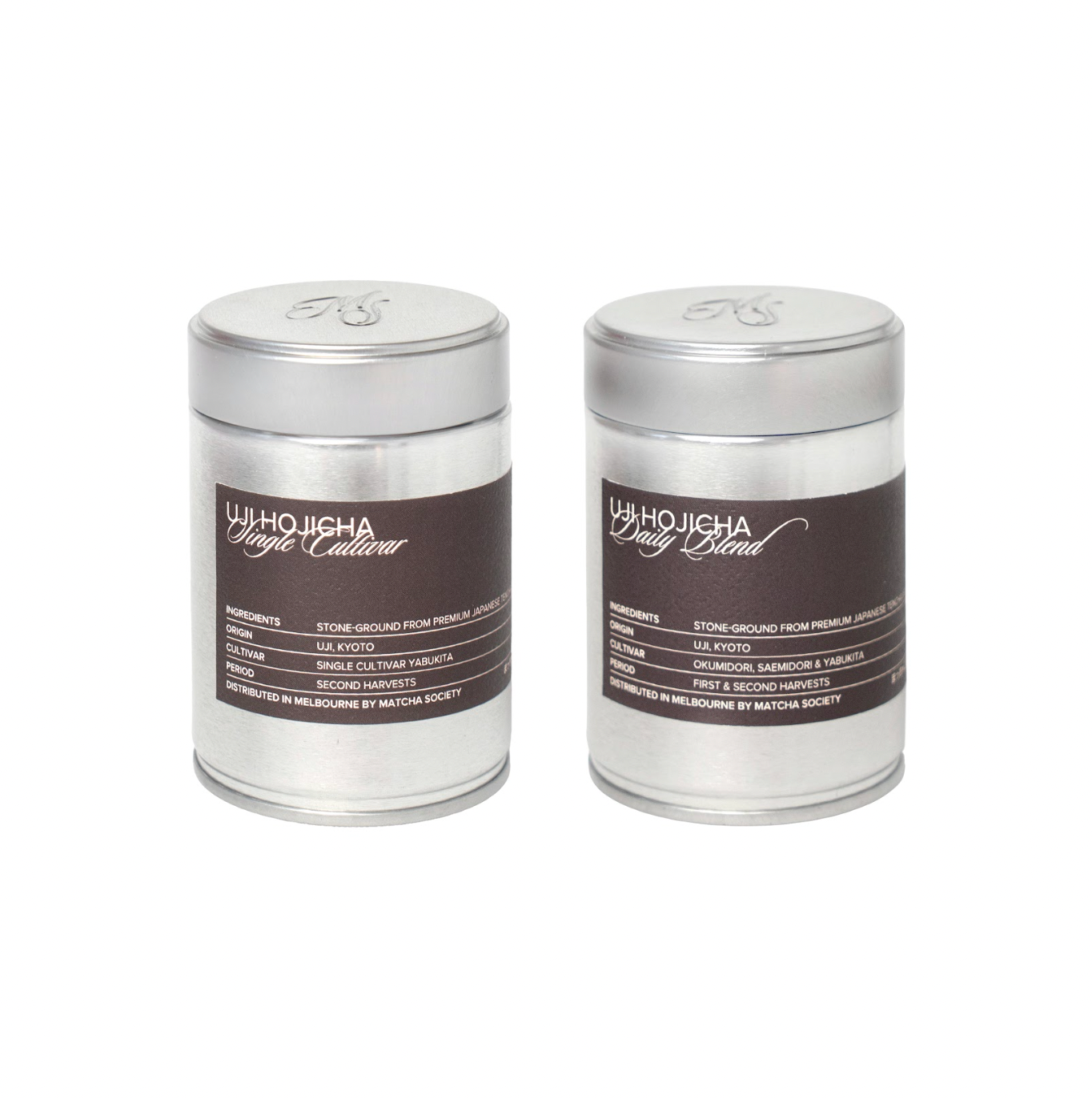 Matcha Society Hojicha in two silver tins
