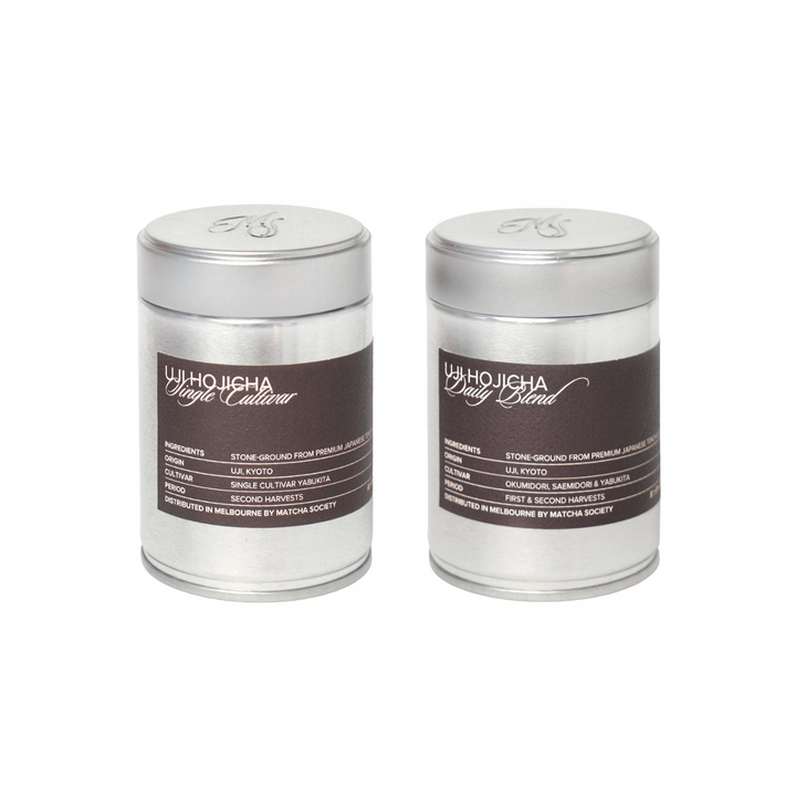 Matcha Society Hojicha in two silver tins
