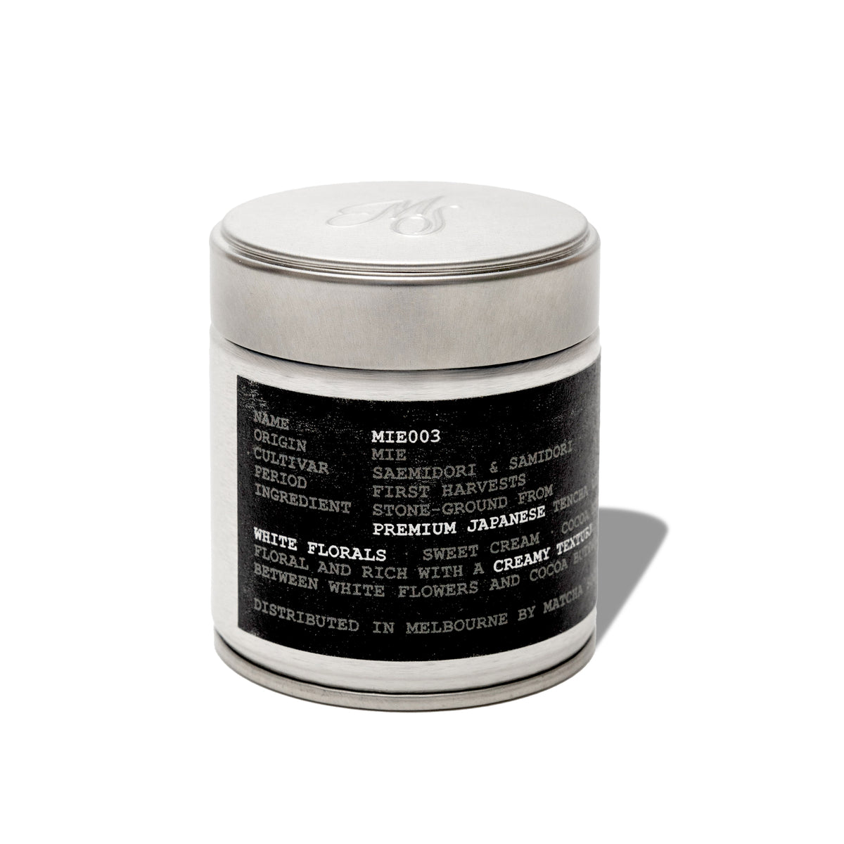 Matcha Society's MIE003 Saemidori and Samidori matcha in a silver tin on a white background