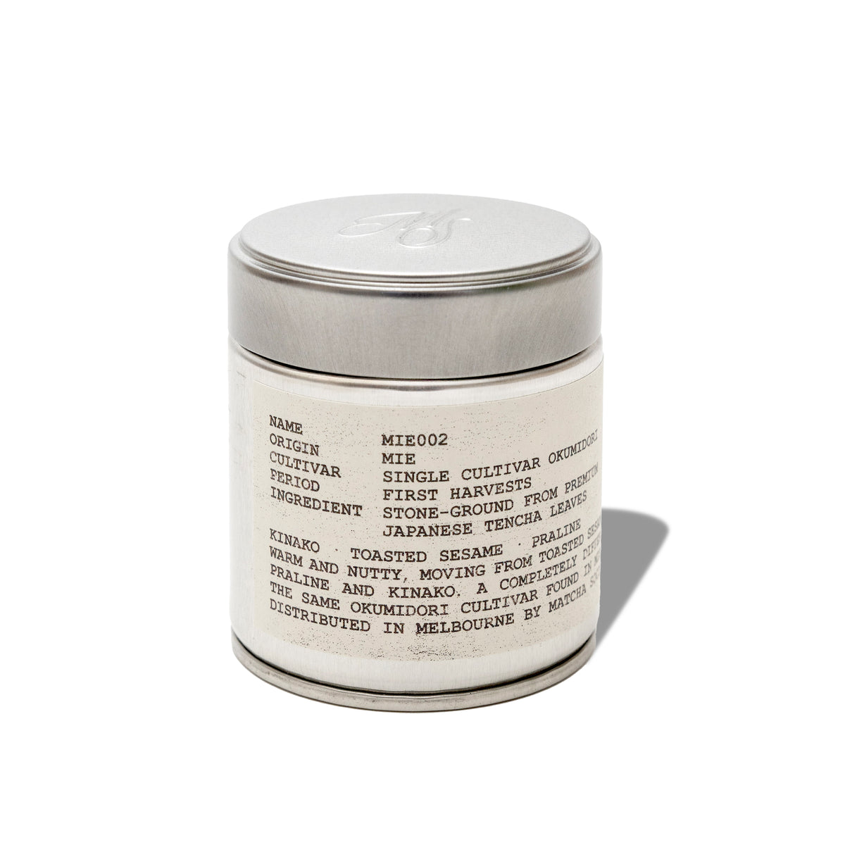 Matcha Society's MIE002 Okumidori Sesame & Kinako matcha in a silver tin on a white background
