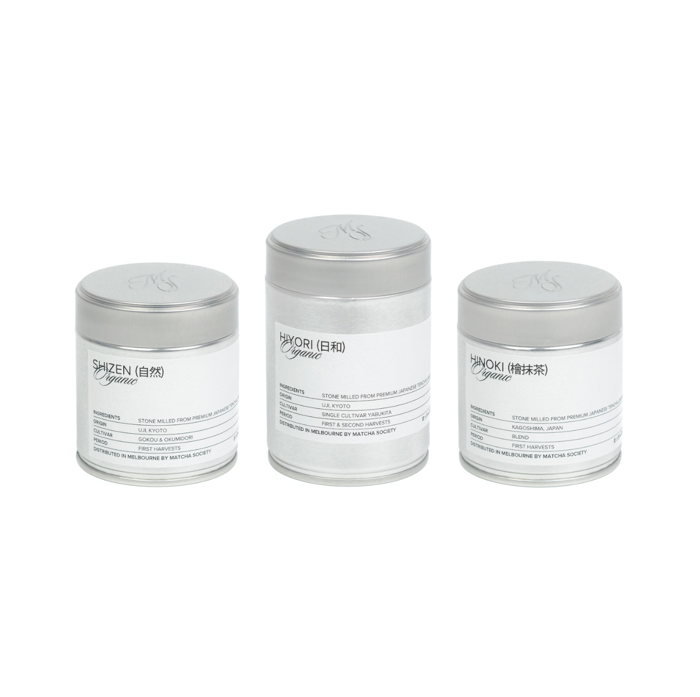 Matcha Society Organic Shizen Hiyori Hinoki Matcha in Three Separate Tins